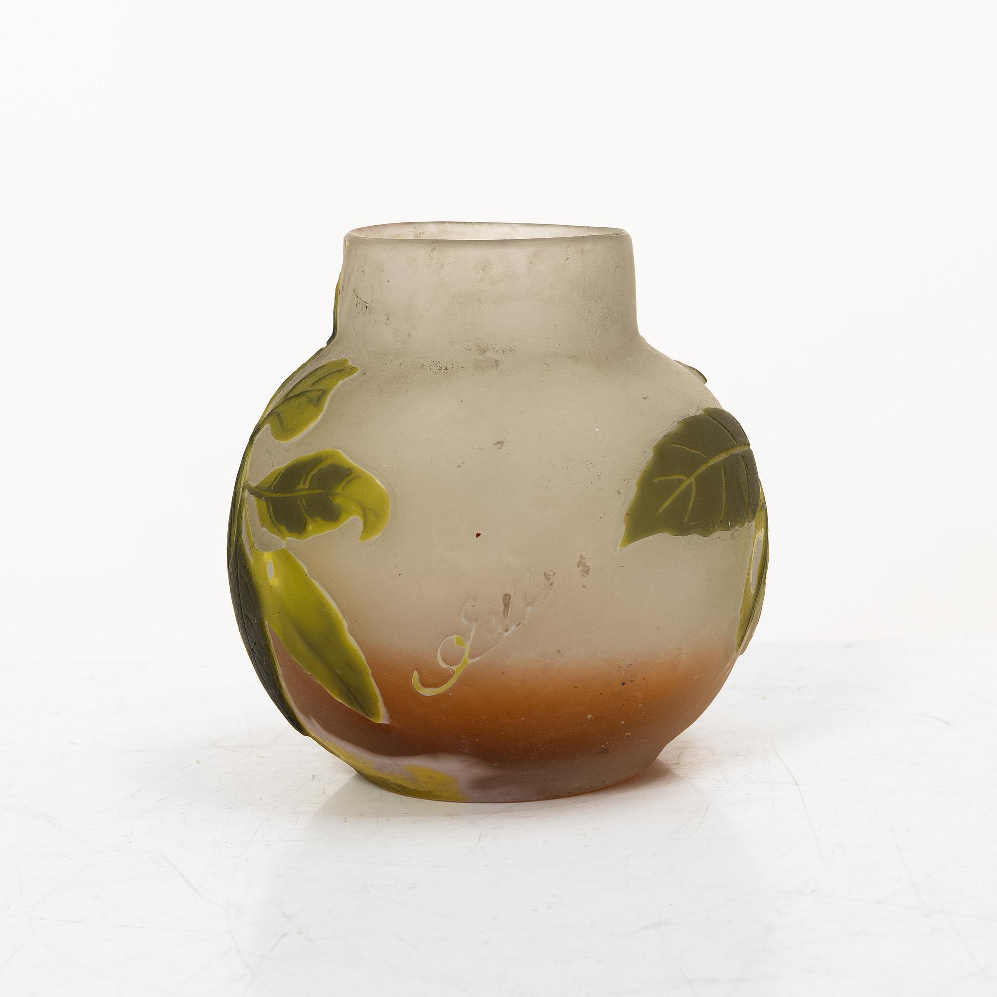 Emile Gallé, ask med lock samt vas, glas, Nancy Frankrike, Art Nouveau.
