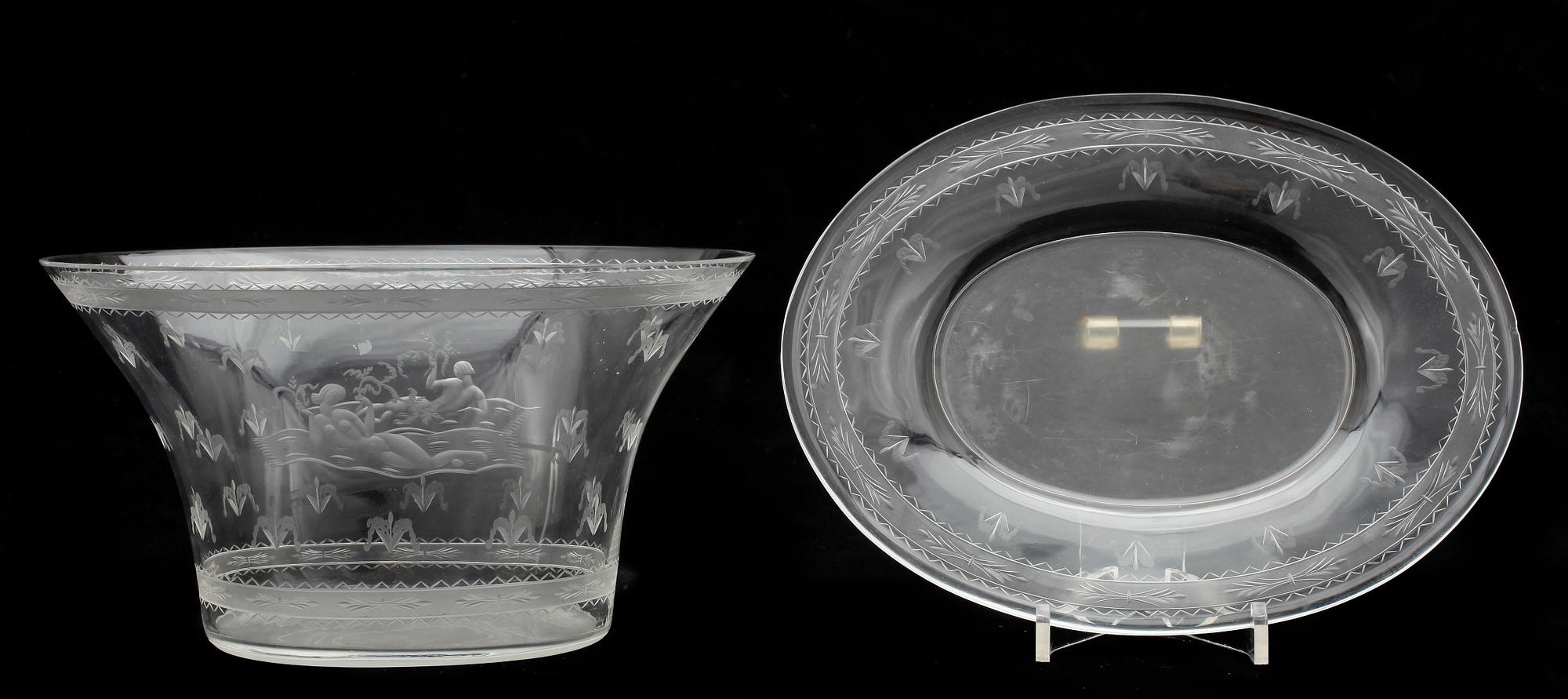 EDWARD HALD, skål med fat, glas, Orrefors, signerad, daterad 1931.