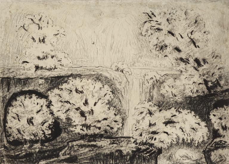 Carl Fredrik Hill, Landscape with waterfall and fruit trees in bloom.