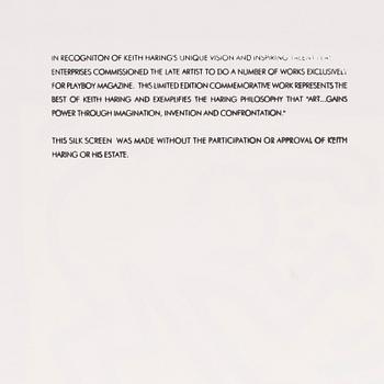 KEITH HARING (Efter), färgserigrafi, utgiven av Special Editions Limited för Playboy, 1990.