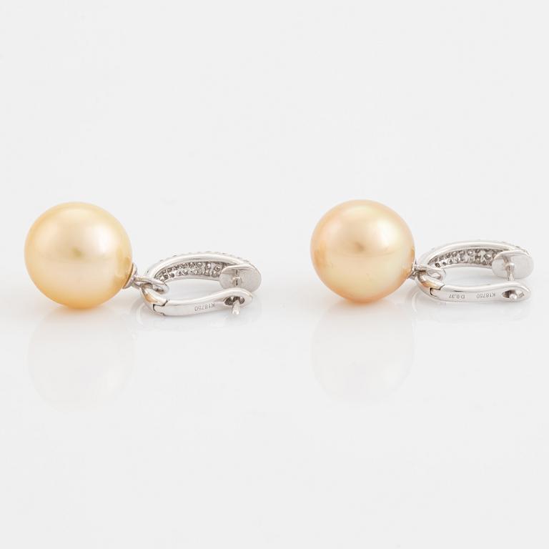 South sea pearl and brilliant cut diamond earrings.