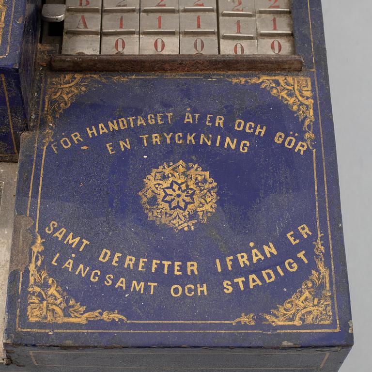 Kassaregister, Agrell & Andersén Mek. Verkstad, Stockholm,omkring år 1900.
