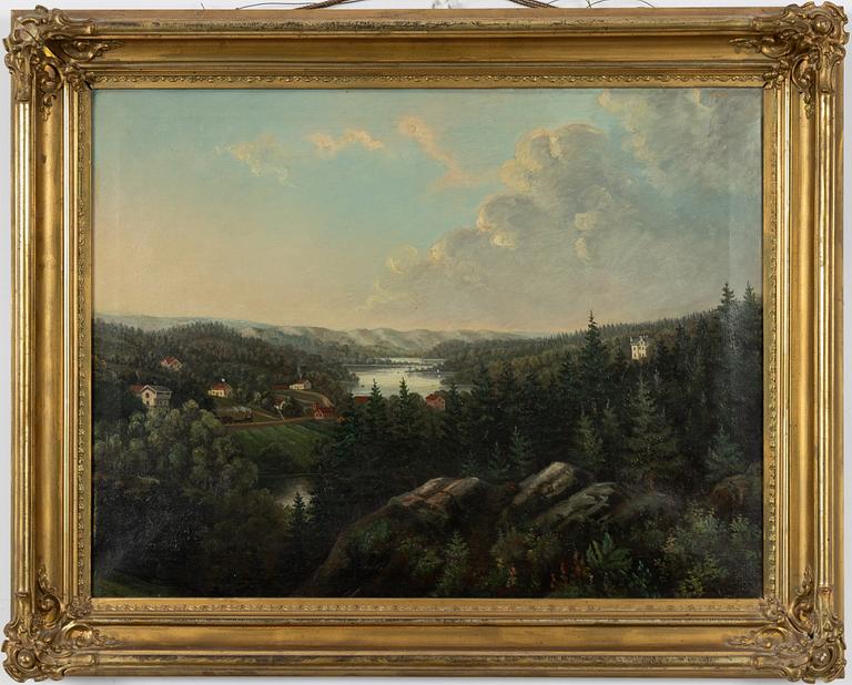 Swedish artist, around 1860. Landscape with steam locomotive.