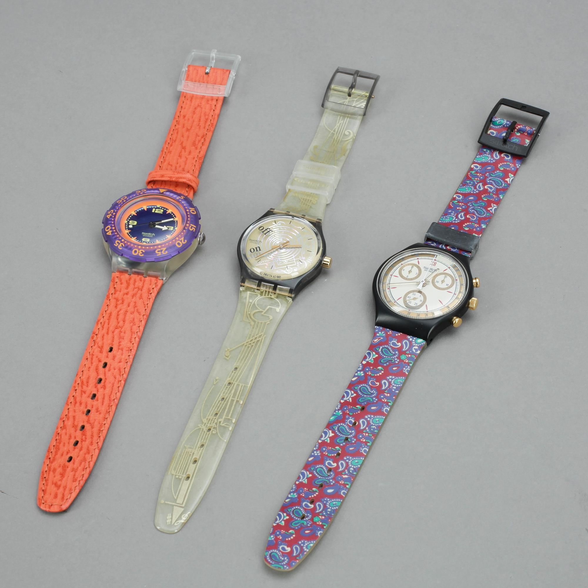 SWATCHKLOCKOR, 3st, "Chrono Award", "Musicall Spartito" och "Scuba 200, Red Island", plast, ca1992.