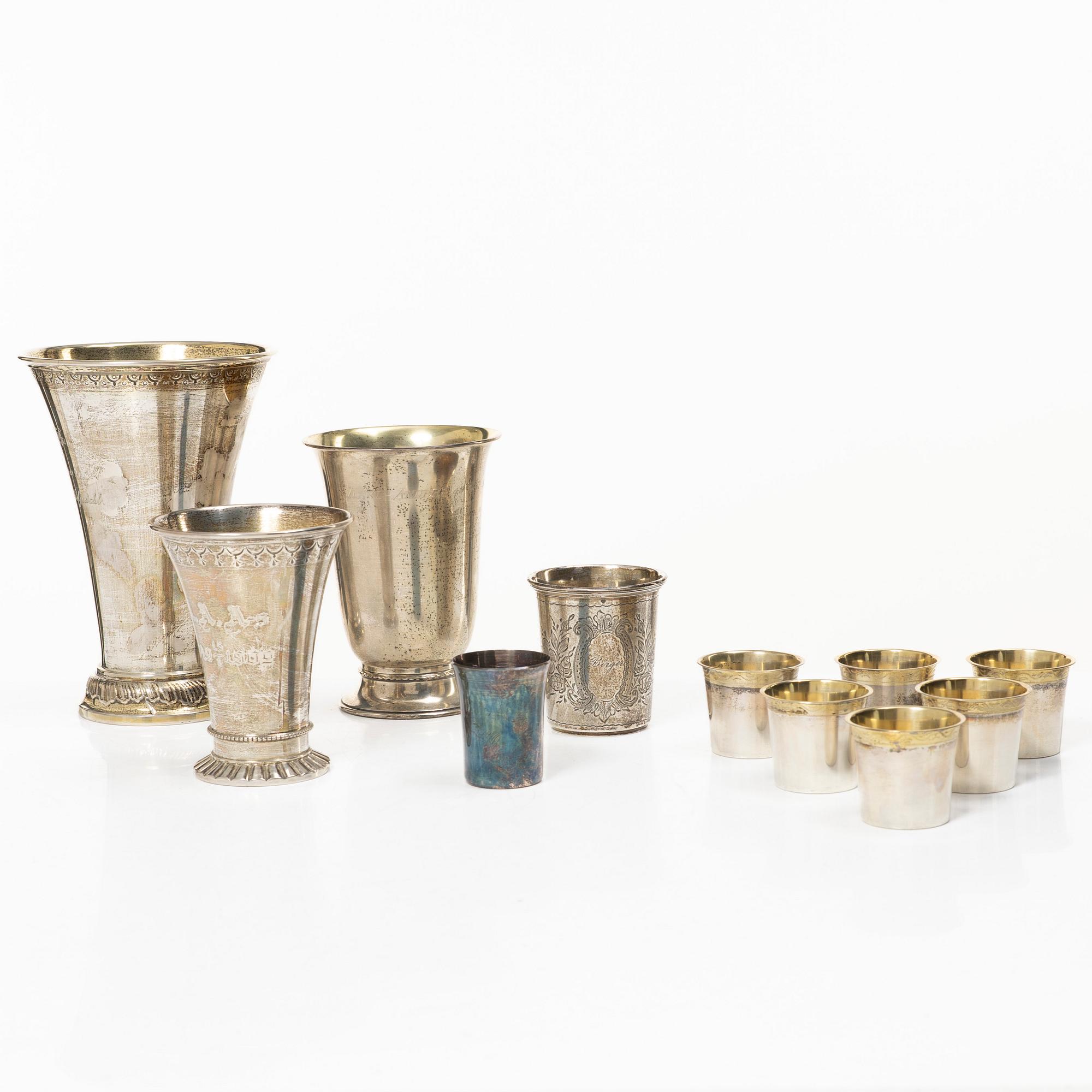 Eleven silver beakers, including marks of K Anderson, CG Hallberg, Eric Löfman for KG Markström, etc.