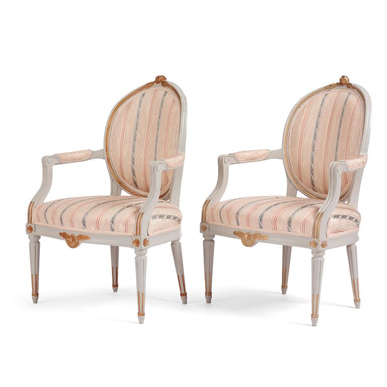 A pair of Gustavian carved armchairs, late 18th century.