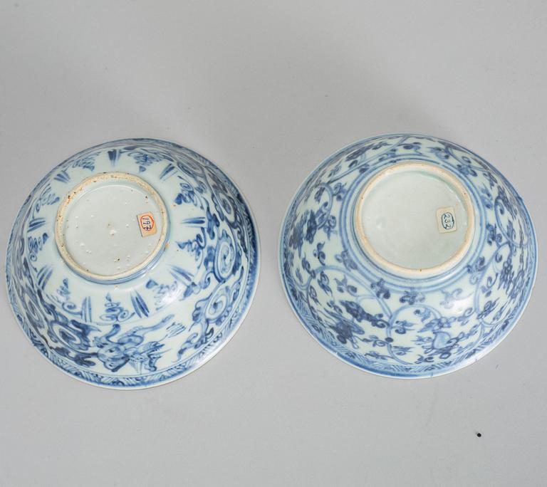 A group of two blue and white bowls and a dish, South East Asian, 17th Century.