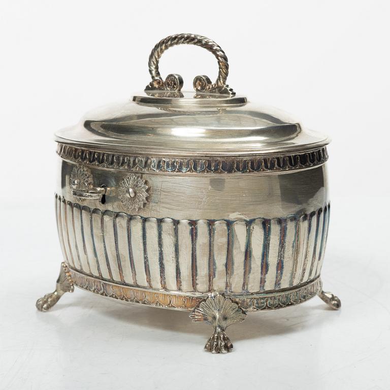 A Swedish silver coffee pot, cream jug and sugar box, Gustavian style, mark of AG Dufva, Stockholm 1911-1912.