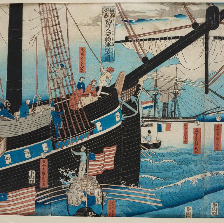 FÄRGTRÄSNITT, pentatyk, Utagawa Sadahide (1807-1873), "Yokohama koeki seiyojin kamotsu unso no zu".