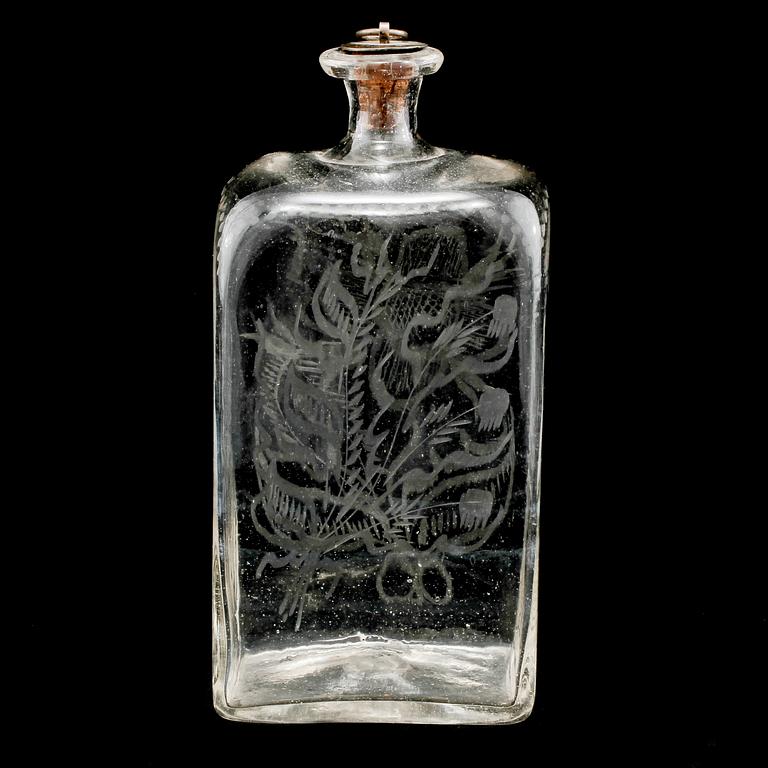 BRÄNNVINSFLASKA, glas, 1800-tal.