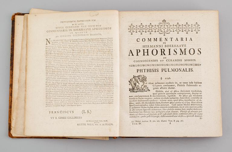BOK, GERARD VAN SWIETEN, Commentaria in Hermanni Boerhaave Aphorismos de cognoscendis et cvrandis morbis.