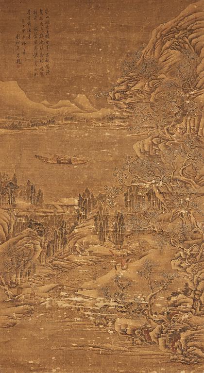 A hanging scroll of a river and mountain landscape in the style of Liu Songnian (1155-1218), Qing dynasty, 19th century.