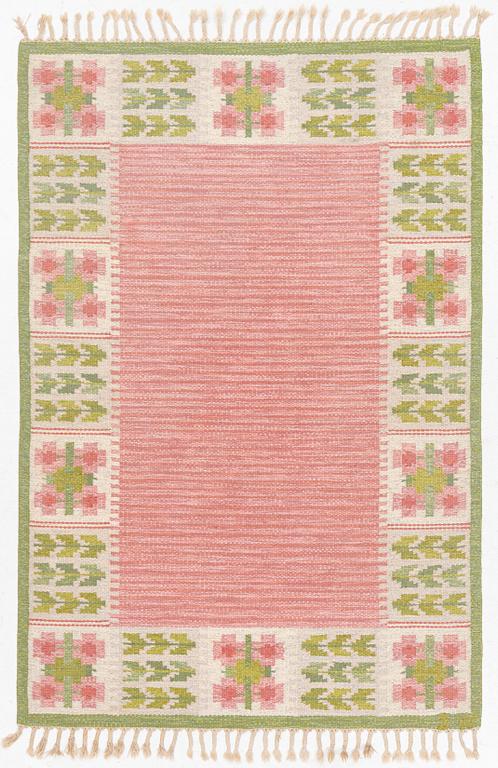 Berit Woelfer, a 'flora' flat weave rug, c. 203 x 136 cm, signed BW.
