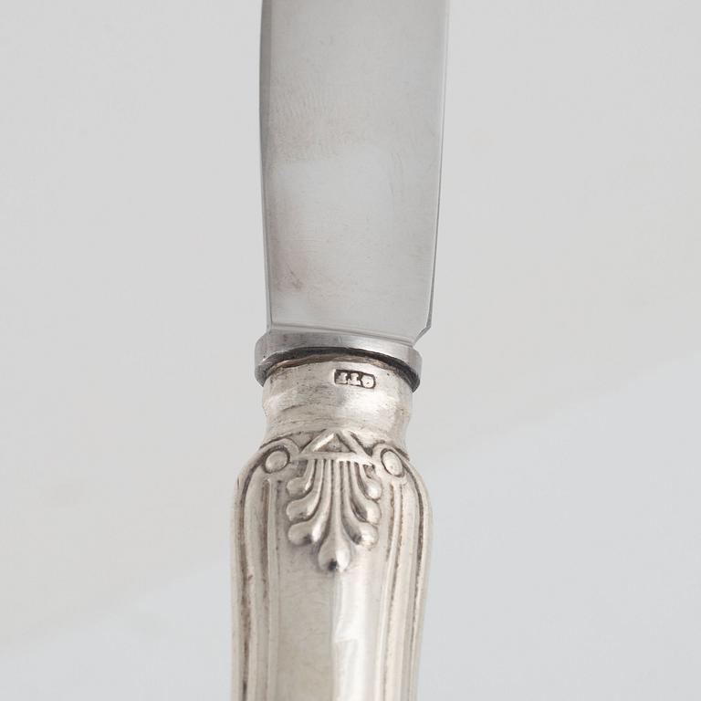 Gustaf Theodor Folcker, matknivar, 6 st, silver, Stockholm omkring 1850.