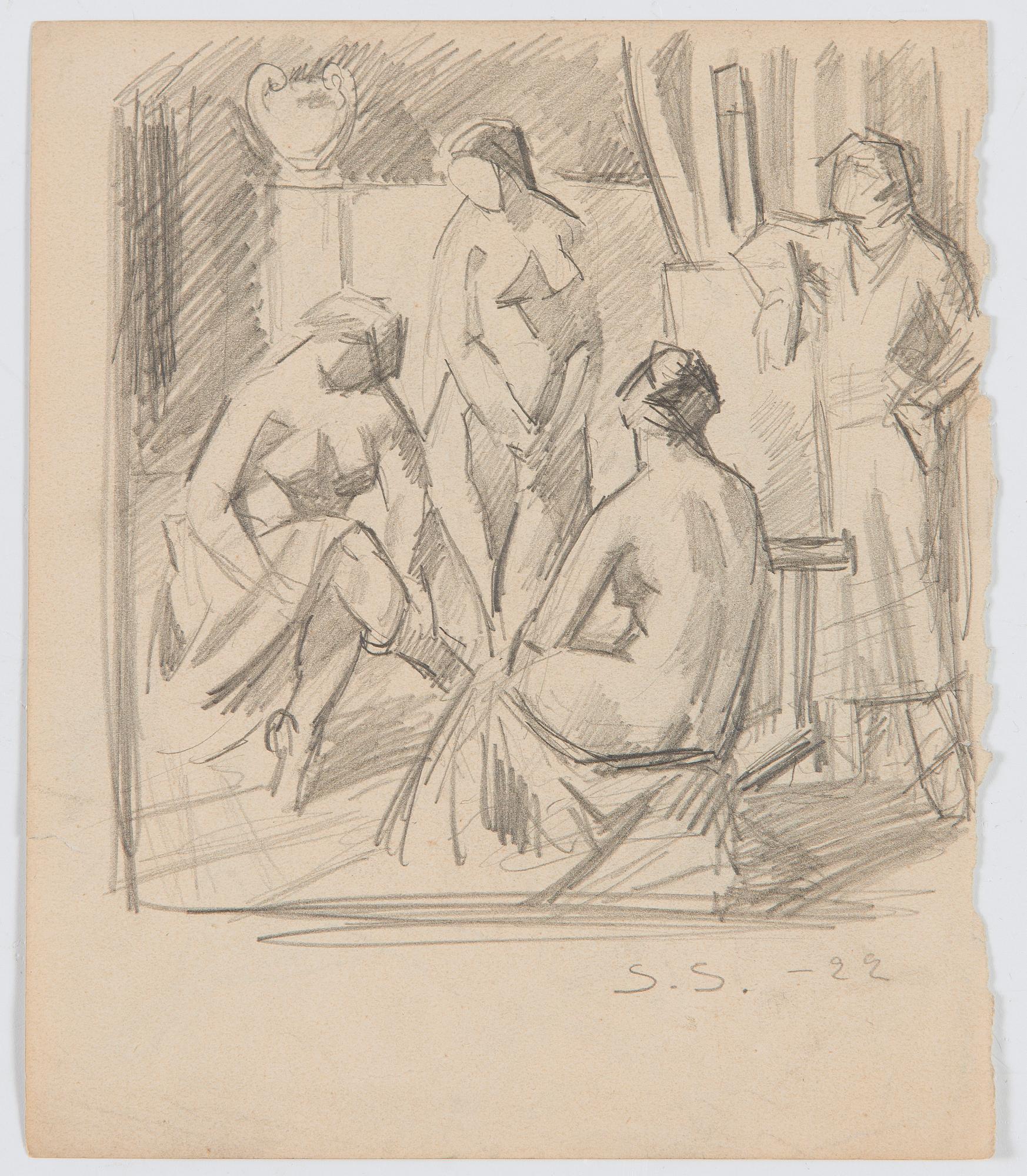 Santeri Salokivi, En grupp nakenmodeller med Urna, 2 st, samt urna från Konstnärens hem.