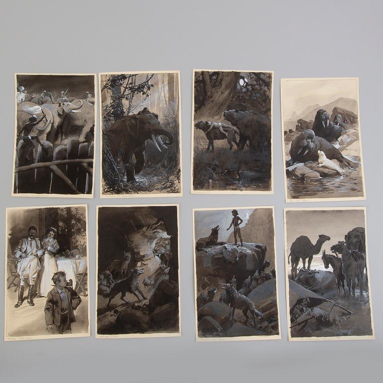 DAVID LJUNGDAHL, eight original ink illustrations from the 1915 edition of 'The Jungle Book' in Swedish.