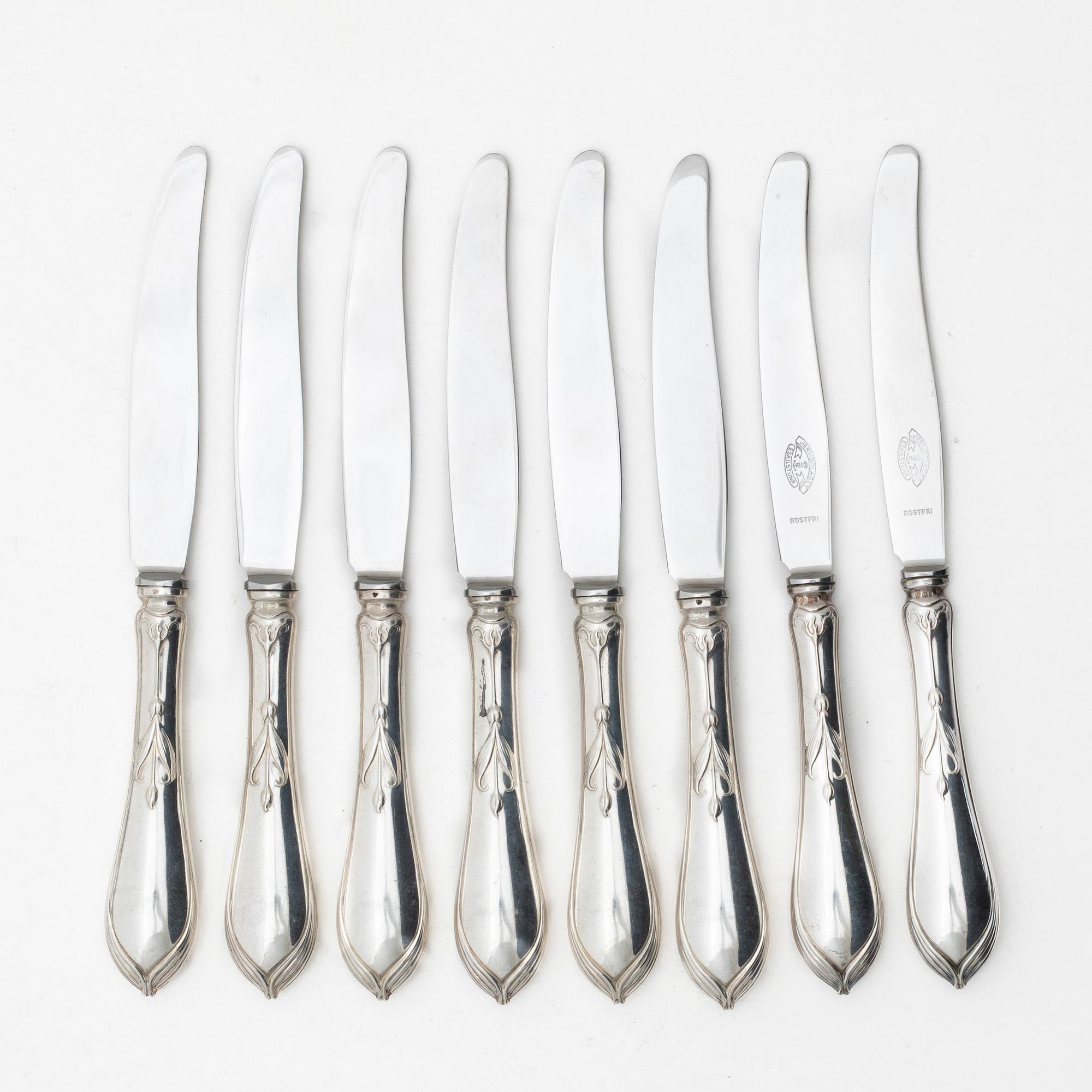 Matknivar, 8 st, silver, modell "Tulpan", bl a K Anderson, Stockholm 1954.