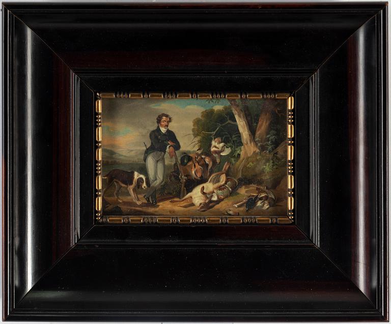 A small 19th century hunting scene, oil on panel.