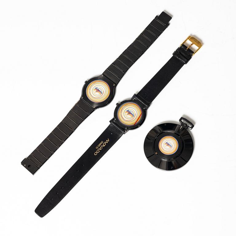 Yaacov Agam, Movado, "Rainbow", Two wrist watches, a table clock and a pocket watch.