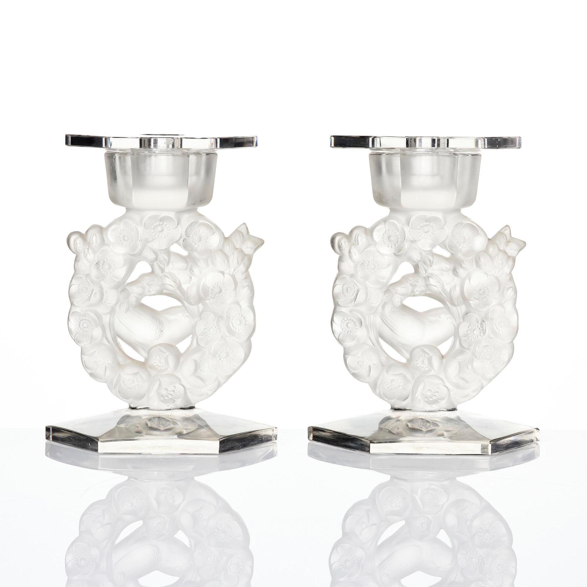 René Lalique, a pair of “Mésanges” cast glass candlesticks, France, post-1943.