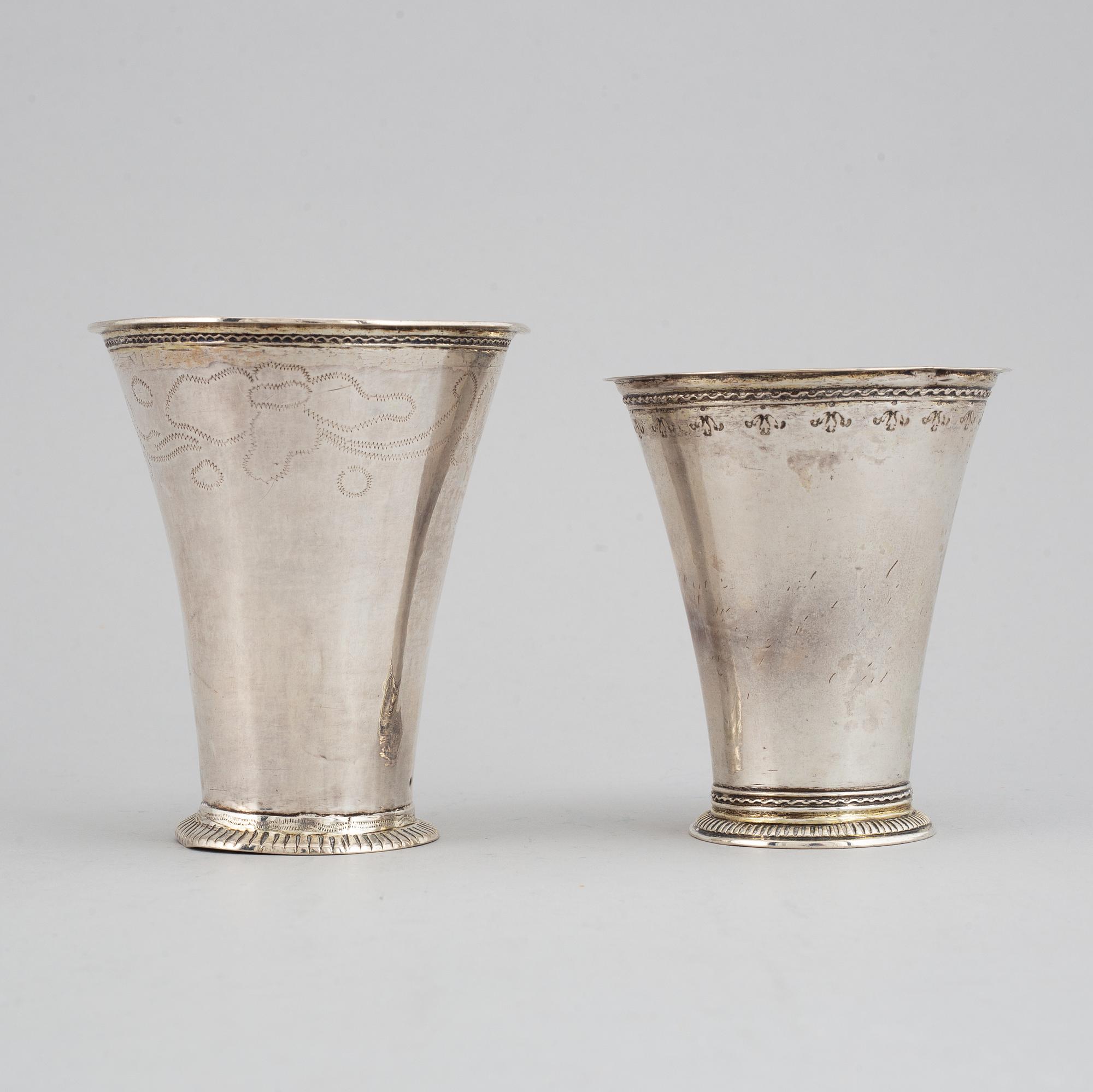 Two swedish 18th century silver beakers,  Thomas Beckman dy, Örebro, and Henrik Köhler, Vadstena.
