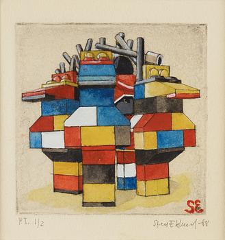 Sten Eklund, etching with watercolour, 1988, signed PT 1/2.