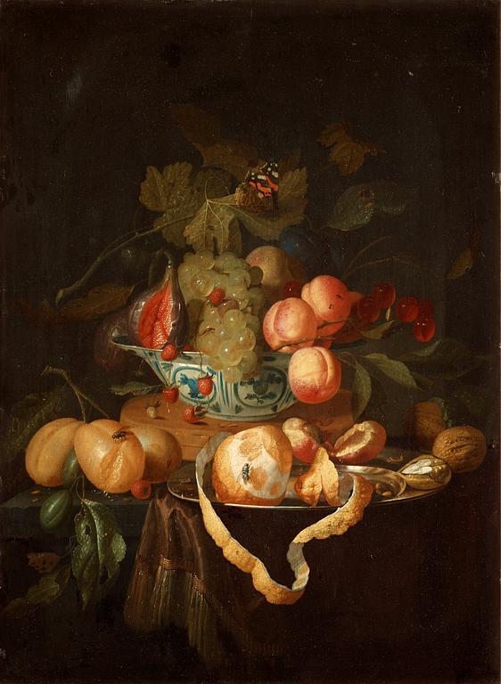 Johannes Hannot Tillskriven, Stilleben med frukter, fjäril och Kraakfat.
