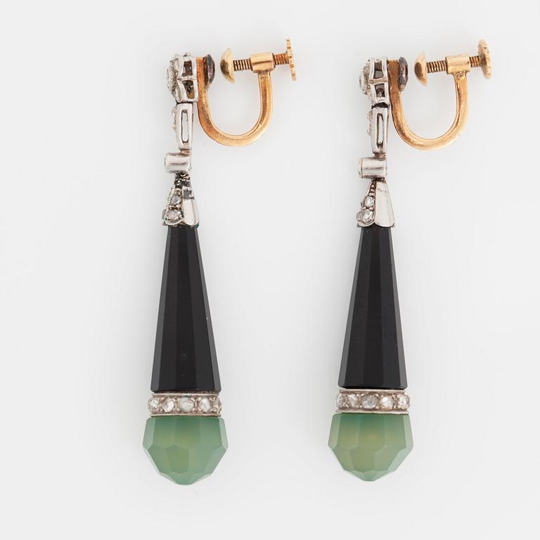 A pair of Art Deco onyx, chalcedony and diamond earrings. Circa 1930's.