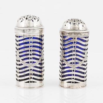 A pair of English salt and pepper shakers, silver and glass, London 1802-3, unidentified makers's mark.