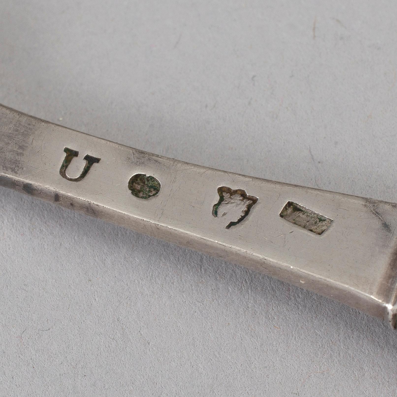 A Swedish 18th century siver sauce ladle and three forks, unidentified makers mark, Stockholm 1778.