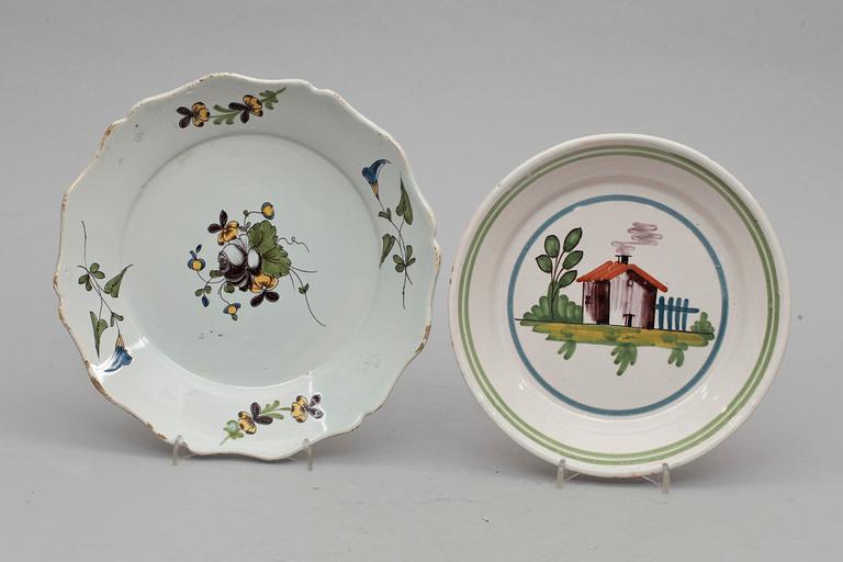 TALLRIKAR, 5 st, fajans och flintgods, Holland och Frankrike, 1800-tal.