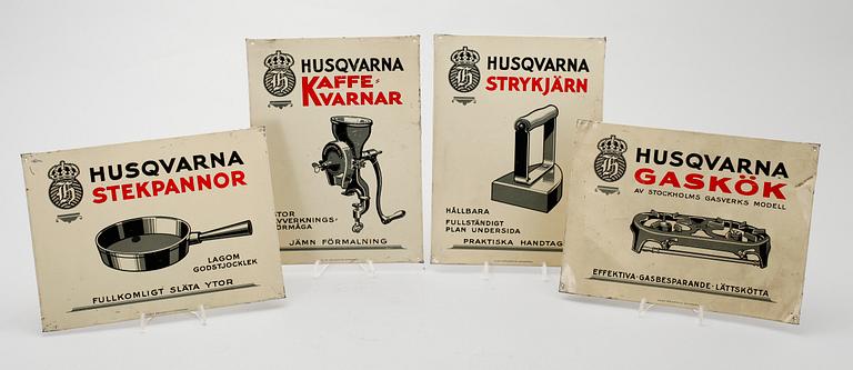 REKLAMSKYLTAR, 4 st, Husqvarna, plåt, 1900-talets mitt.