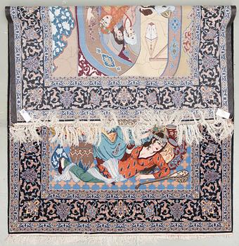 A figural part silk Esfahan rug, signed Saide Atrian . Around 249 x 160 cm.