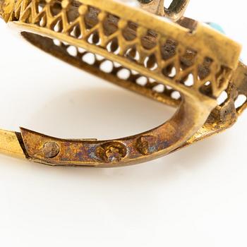Brosch och ett par örhängen 14K guld med turkoser och pärlor.
