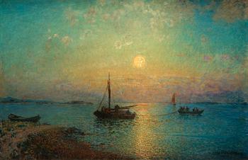 Alfred Wahlberg, The sun setting over fishing boats.