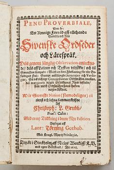 BOK, "Penu Proverbiale, thet är ett ymnigt förråd aff allehanda...Swenske Ordseder..." av Christopher Larsson Grubb, Stockholm 1678.