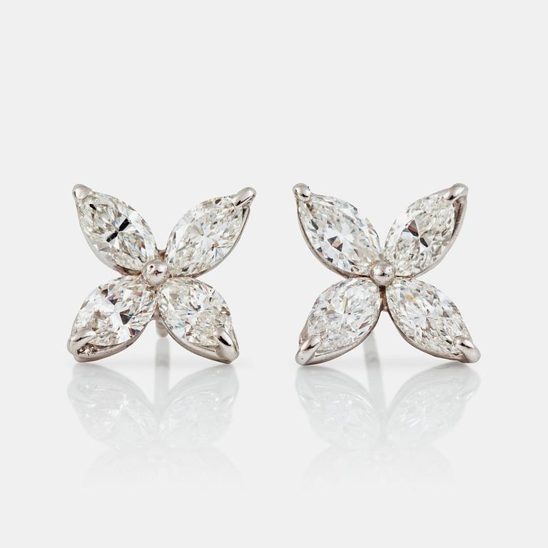 A pair of navette-cut diamond, circa 2.40 ct, earrings. Quality circa G/VS.