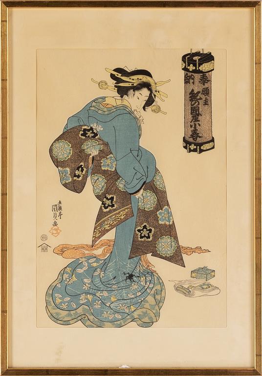 A set of three Bijin-ga woodblock prints, Japan, 19th Century.