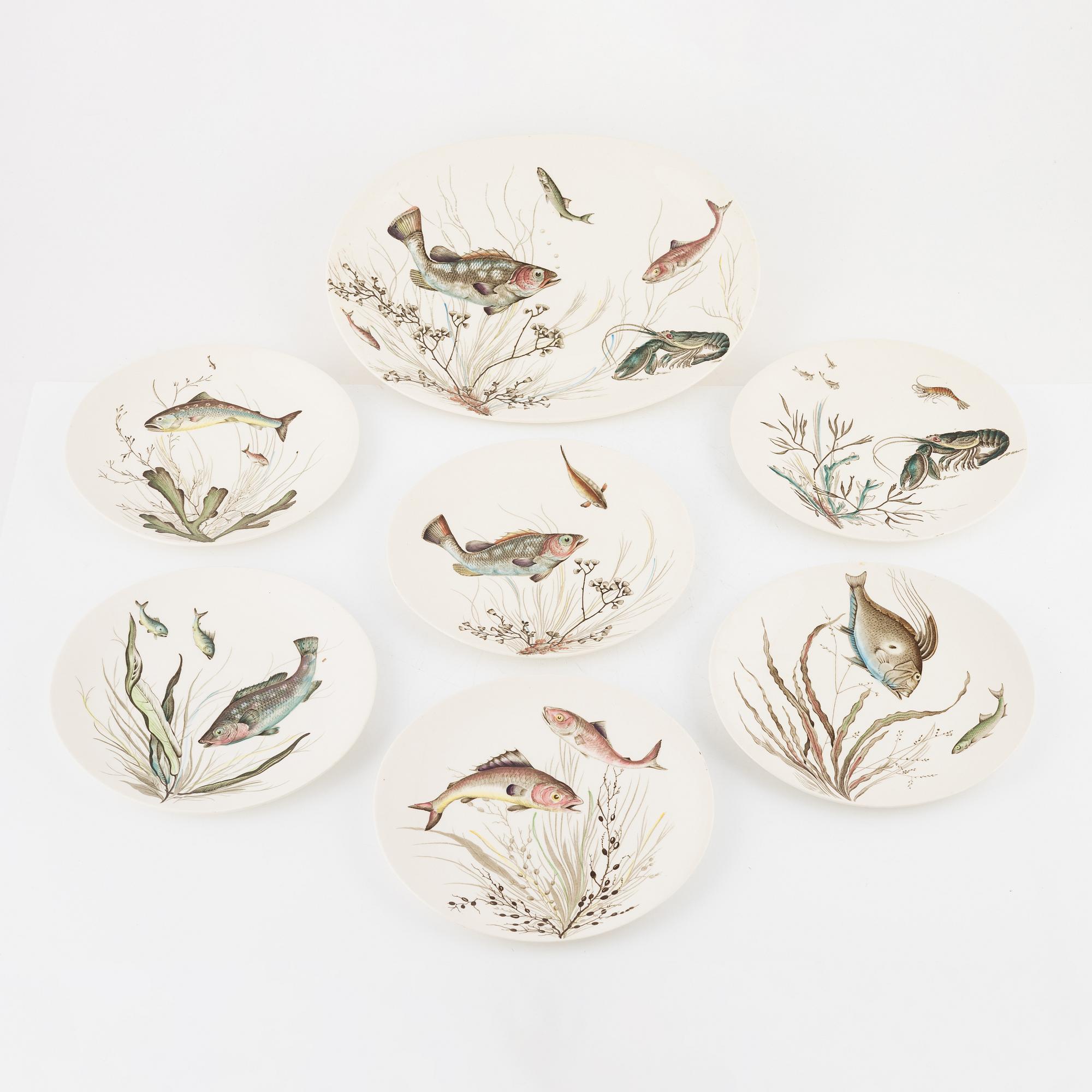 Fish service, 7 pieces, earthenware, "Fish", Johnson Bros, England.