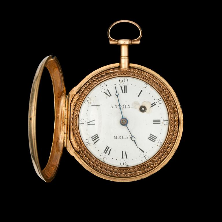 Pocket watch. Antoine Melly. Gold. Enamel, oriental pearls. France, late 18th century. Total weight 137g, 54mm.