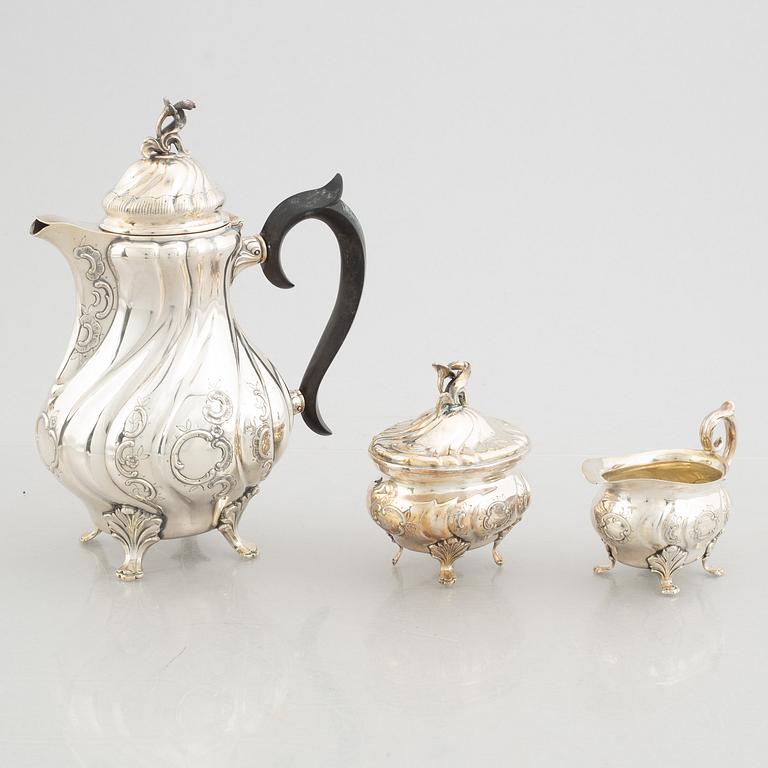 A 3-piece Rococo style silver coffee service, mark of GAB, Stockholm 1951-1954.