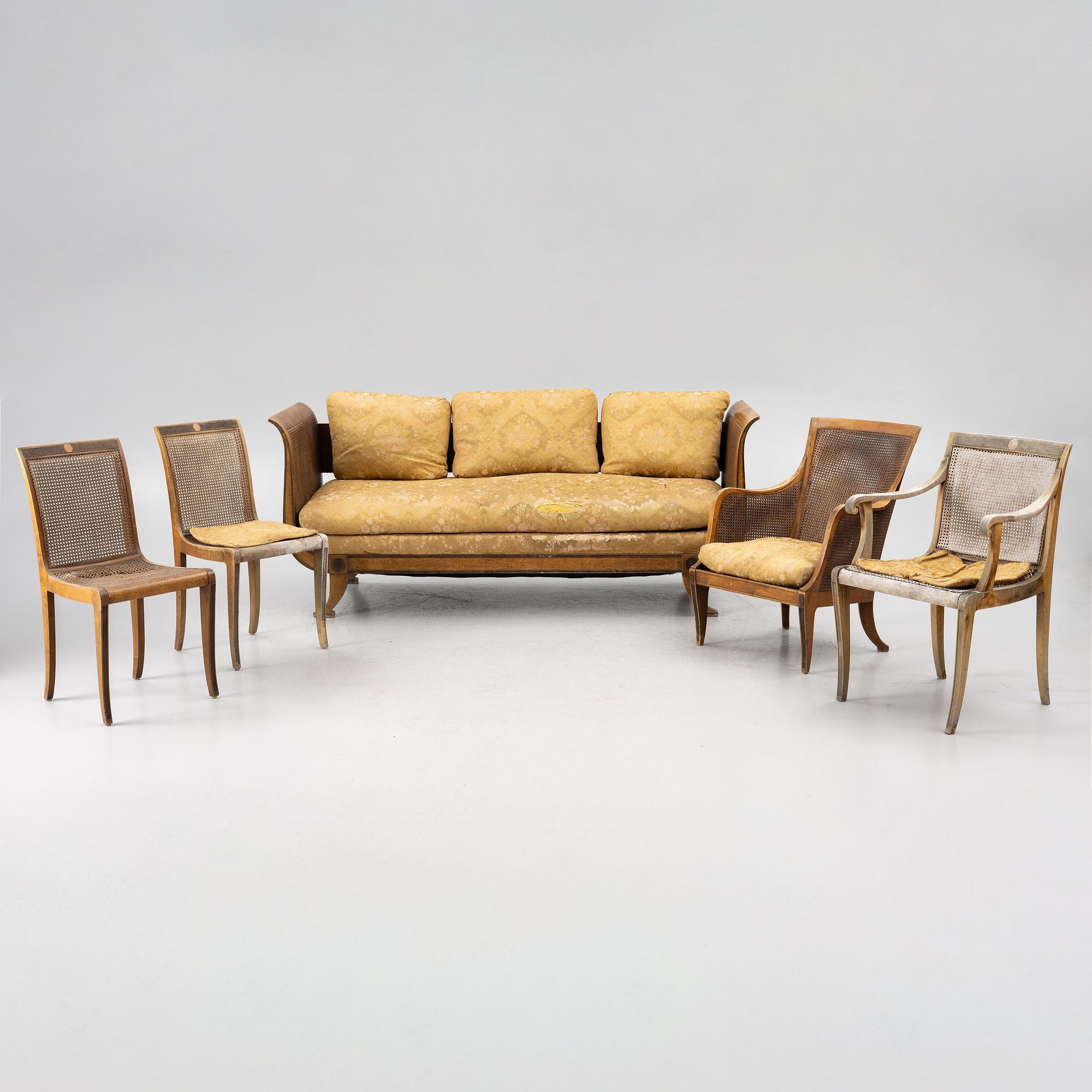 Carl Malmsten, a five piece furniture group, Nordiska Kompaniet, late 1920s.
