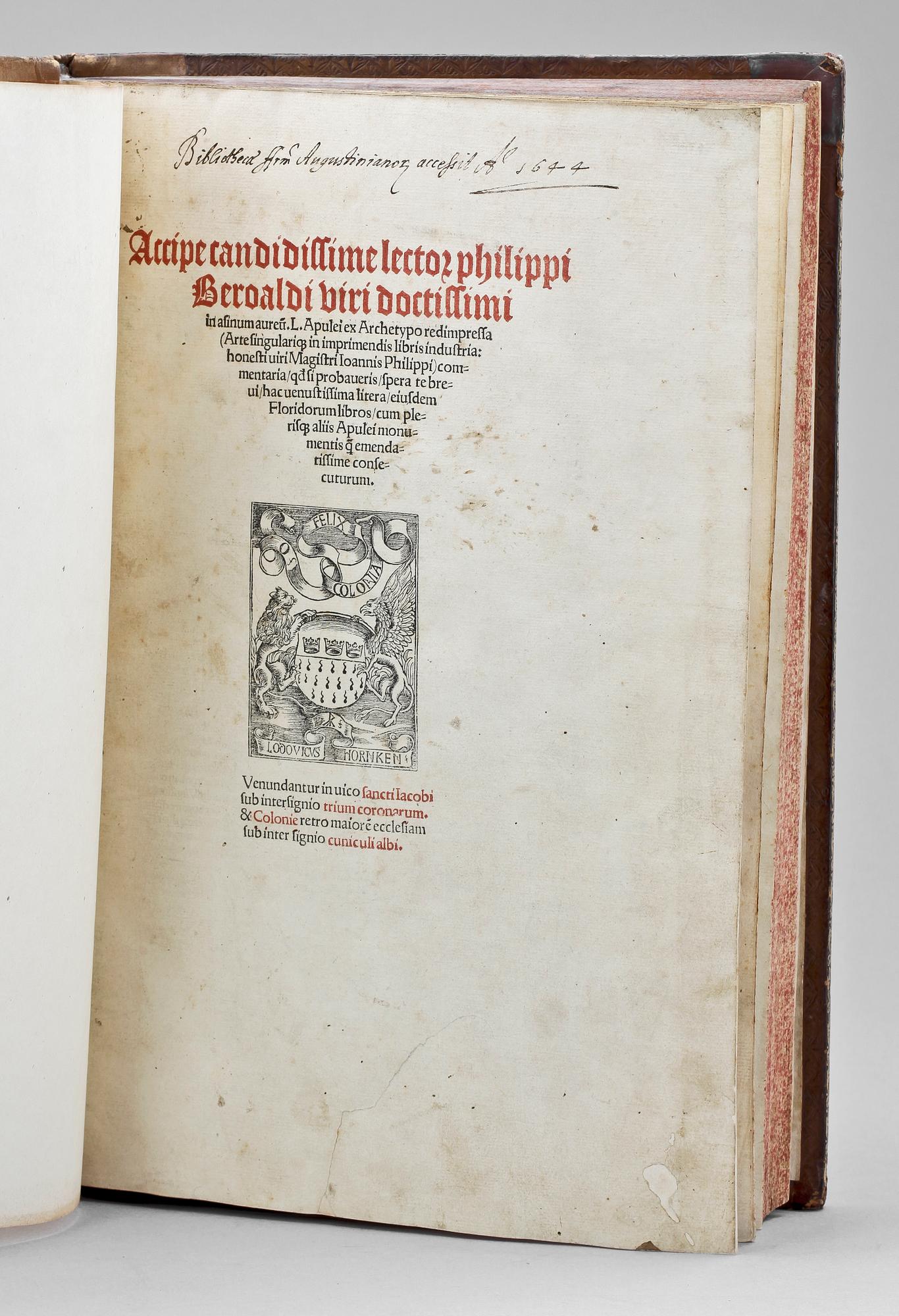 BOK, "Accipe Candidissime Lector Philippi Beroaldi..." av Lucius Apuleius, troligen Paris. 1512.