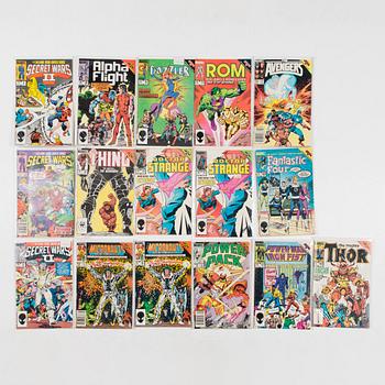 Serietidningar, 45 st, kompletta serier, Secret Wars I, II, III, Marvel, USA, 1984-88.