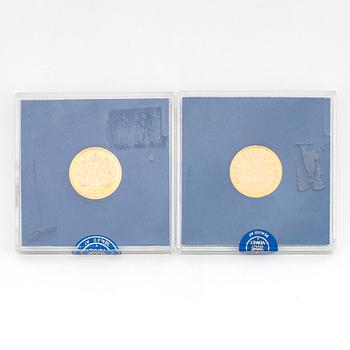 Two gold coins, 5,8 g + 5,8 g gold 900/1000.