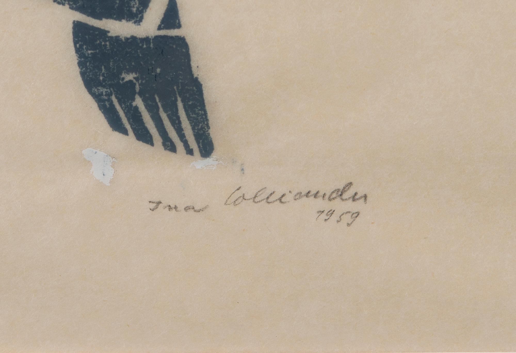 INA COLLIANDER, puupiirros, signeerattu ja päivätty 1959, numeroitu t.p.l'a I-V 10 IV 2/10.