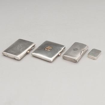 Three silver cigarette cases and a silver pillbox, marked in Finland and Germany, first half of the 20th Century.