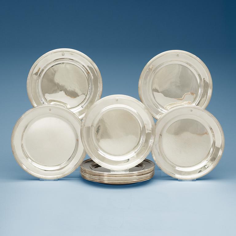 A Set of 13 Swedish 19th century silver plates, makers marks of  Gustaf Folker, Sthlm 1818-34, Christian Hammer, Sthlm.