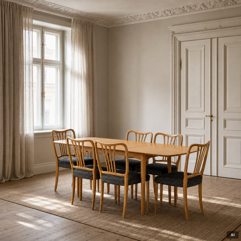 A dining table with six chairs, Sweden, 1940's.