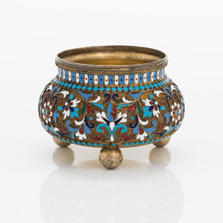 A Russian cloisonné enamelled gilt silver salt cellar, maker's mark of Nikolay Alekseyev, Moscow ca. 1900.